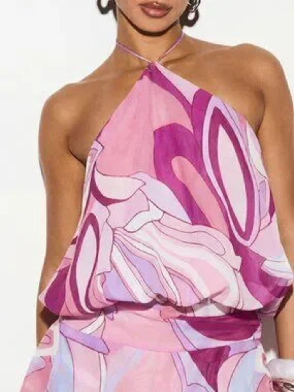 ZARA Pink Boho Women's Halter Neck Abstract Print Ruffle Hem Mini Dress